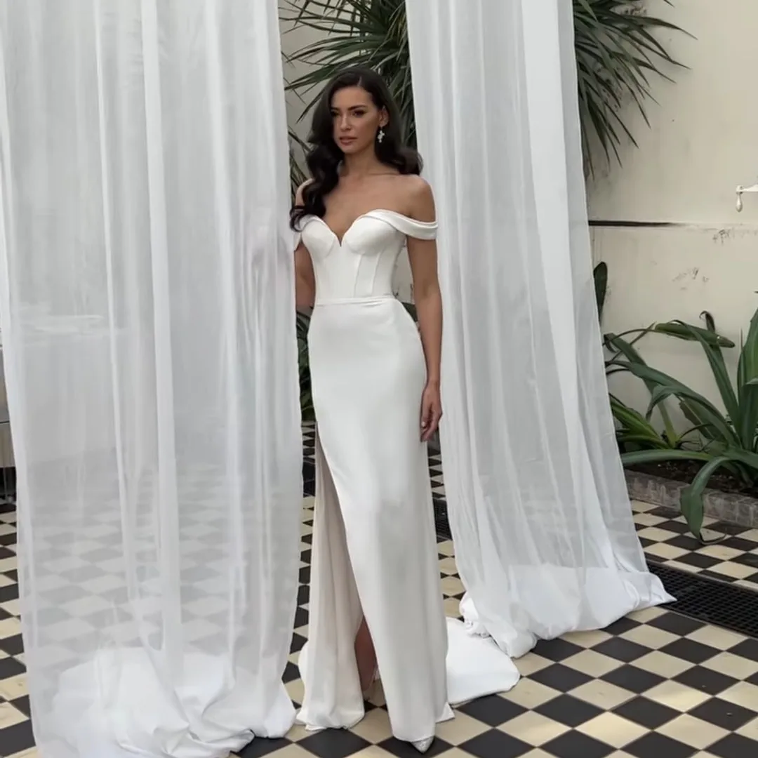 Elegant Long Crepe Off Shoulder Wedding Dresses Mermaid Sweep Train Vetidos de novia Simple With Slit for Women
Elegant Long Crepe Off Shoulder Wedding Dresses Mermaid Sweep Train Vetidos de novia Simple With Slit for Women