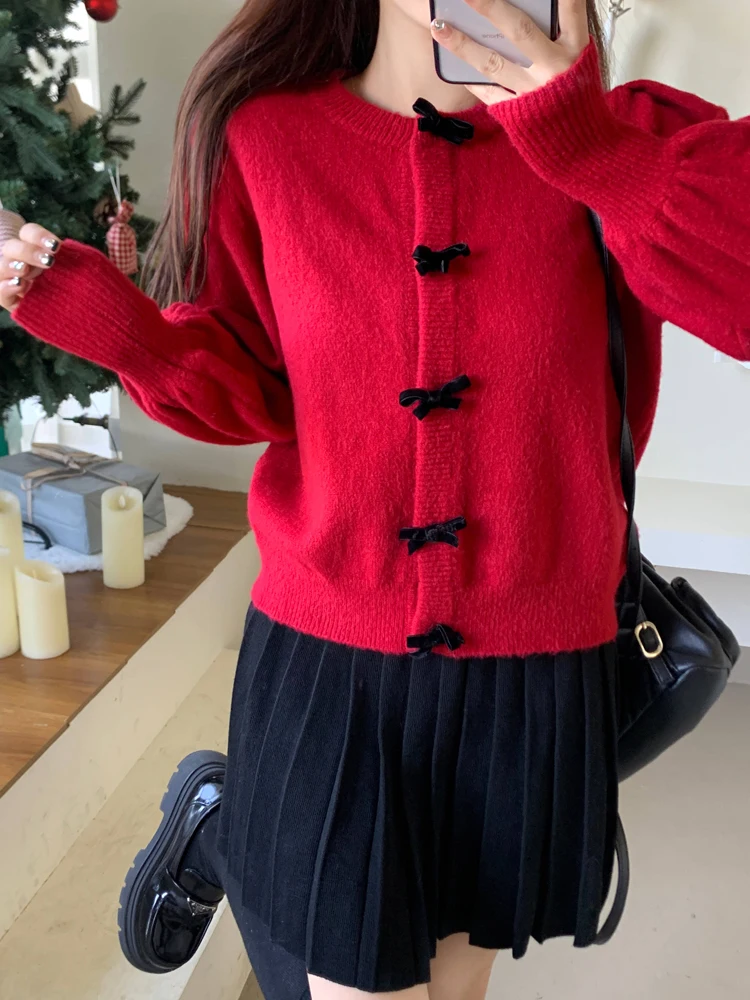 

Preppy Style Cute Lantern Sleeve Knitted Sweater Sweety Bow Single breasted Loose Winter Sweetheart Red Sweater For Women