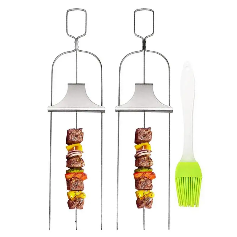 

BBQ Barbecue Skewers Reusable Flat Skewers Sticks Barbecue Skewers Grill Sticks With Push Bar 3-Prong Flat BBQ Tool Kitchen