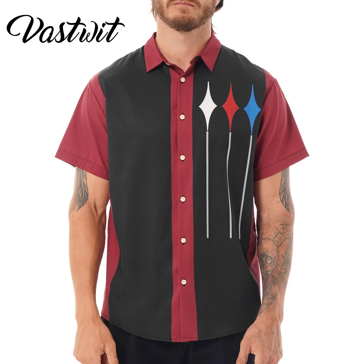 

Men's Retro Short Sleeve Camp Shirt Button Down Loose Cuban Bowling Shirts Casual 50s Color Block Striped Notched Collar Shirt
