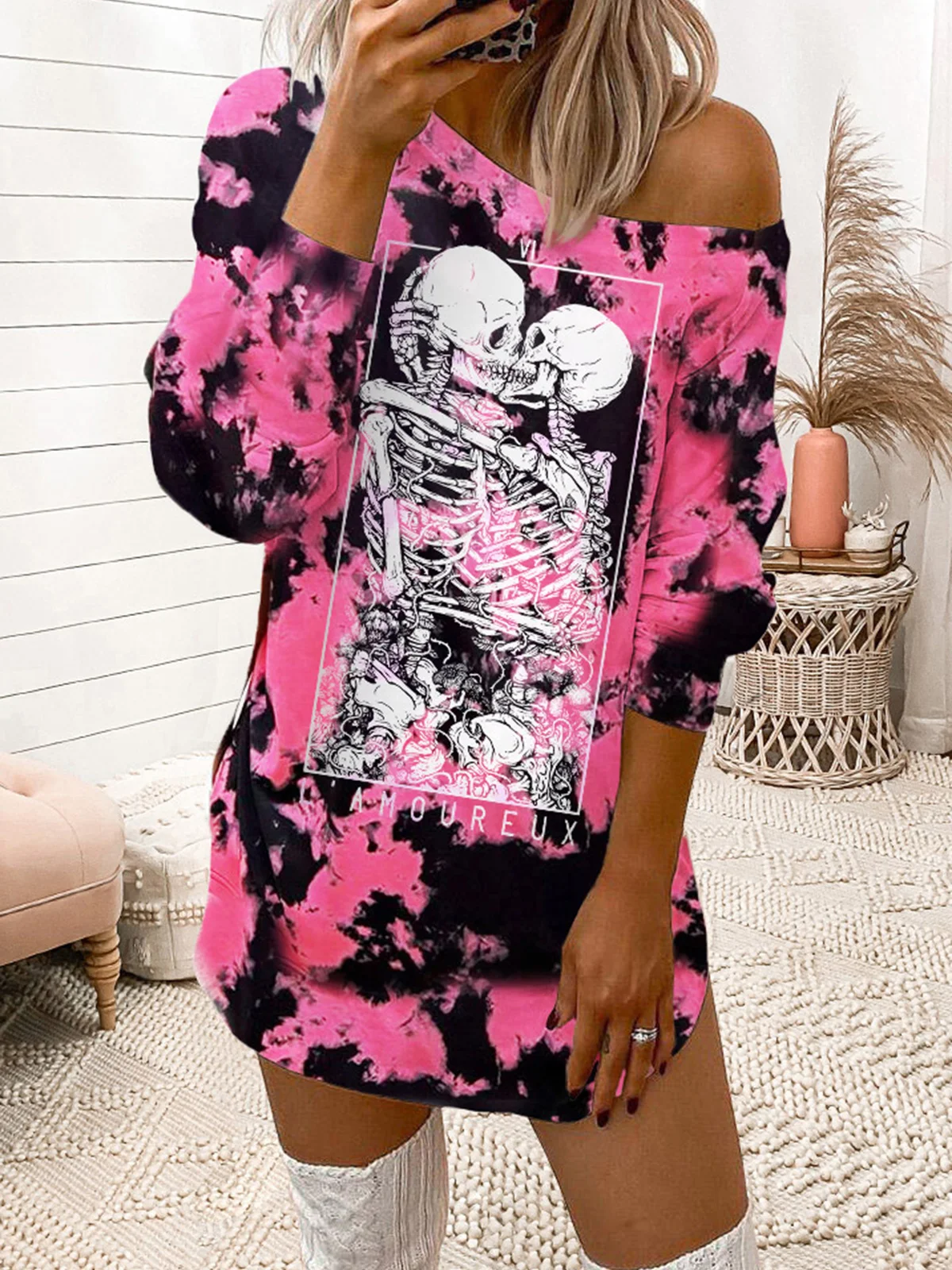 

Halloween Tie Dye Skeleton Long Sleeve Sweatshirt Dress Women Gothic Dress Slight Stretch Dresses Print A-Line Mini Casual Dress