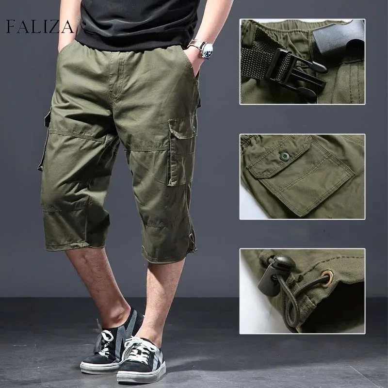 

FALIZA Multiple Pockets Mens Cargo Calf-length Pants Tactical Loose Casual Pants Summer Outdoor Hunting Workwear Riding Trousers