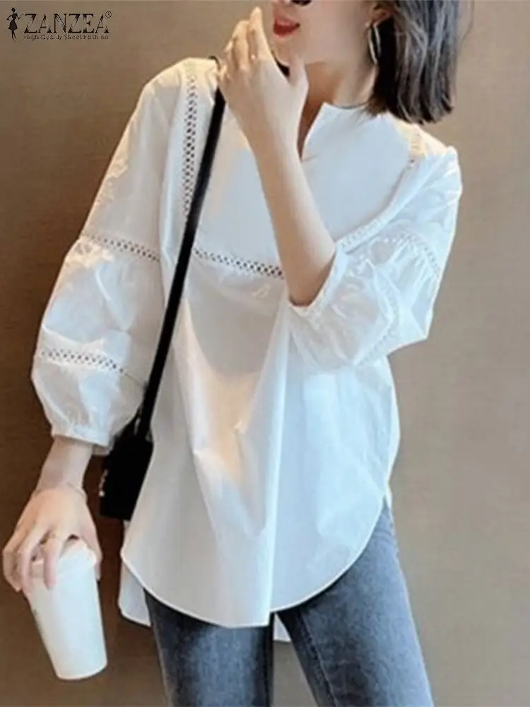 

ZANZEA 2024 Summer Solid Spliced Lace White Tops Women 3/4 Sleeve Lantern Sleeve Blouse Korean Loose V-neck Office Blusas Shirt