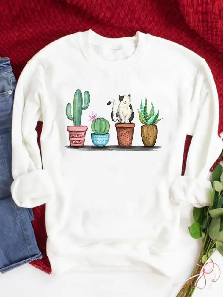 

Graphic Sweatshirts Autumn Spring O-neck Fashion Casual Women Cat Cactus Trend Cute 90s Clothing Fashion Print Pullovers