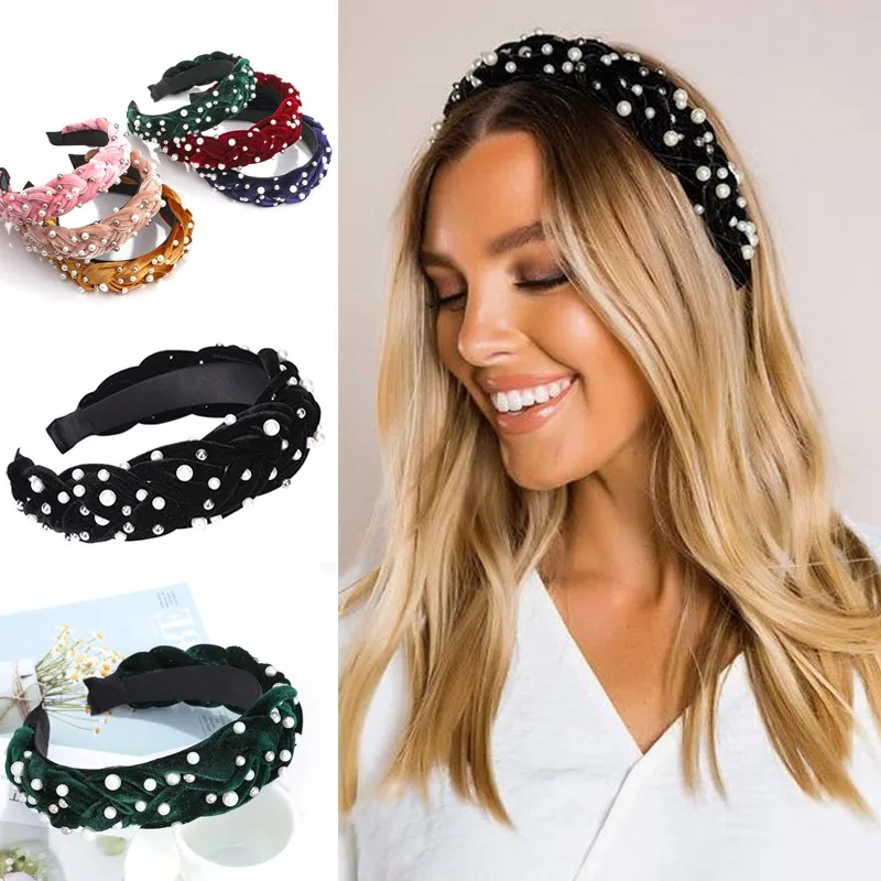 

Retro Knotted Pearl Hair Bands Bow Knot Velvet Beading Hairband Women Hair Head Hoop Girls Headband Bohemian Hair Holder Turban