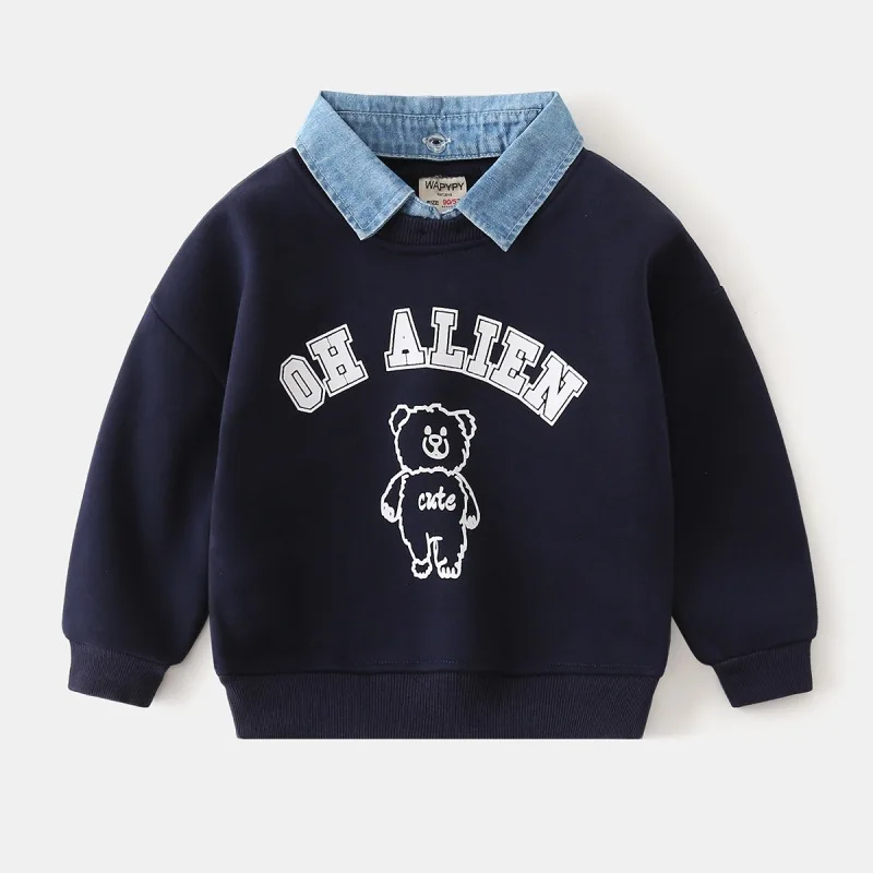 2025 New Style Kids Clothes Pullover Cotton Fake Two-Piece Sweatshirt 2-7Y Children Boys Girl Bear Print Casual Fleece Lined Top 2025 New Style Kids Clothes Pullover Cotton Fake Two-Piece Sweatshirt 2-7Y Children Boys Girl Bear Print Casual Fleece Lined Top