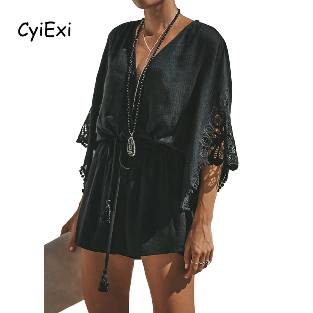 

CyiExi Casual Women Crochet Lace Romper Sexy V Neck Bell Sleeve Playsuit with Drawstring Female Summer Loose Short Jumpsuit S-XL