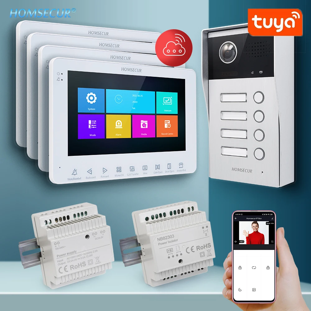 

HOMSECUR 7" WIFI Tuya 2 Wire Video Doorphone Entry Intercom Auto Snapshot Surface Mount Doorbell Camera IP65 for 4 Families