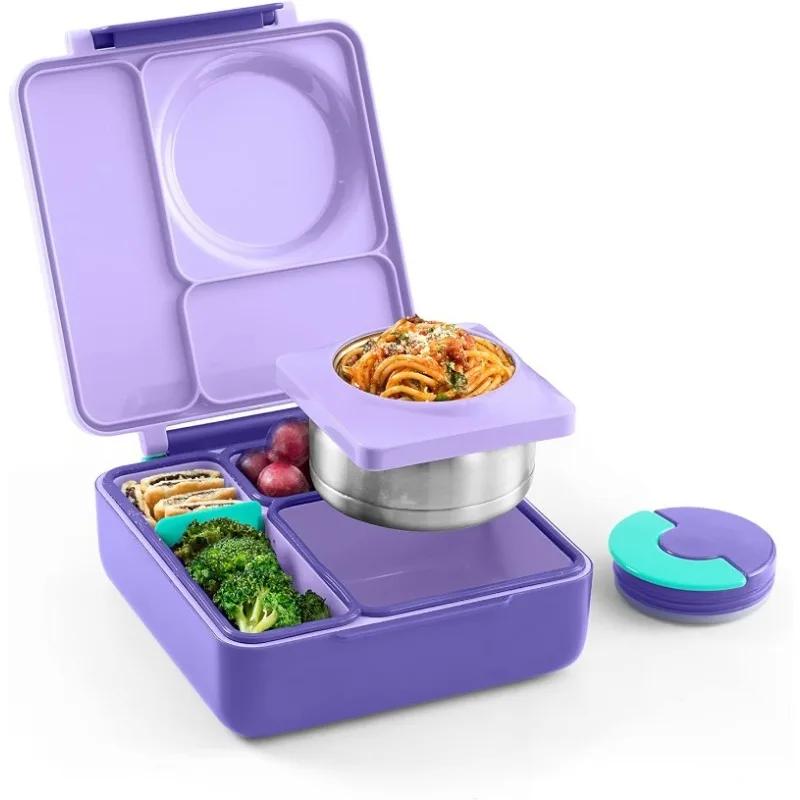 

Insulated Bento Lunch Box with Leak Proof Thermos Food Jar-3 Compartments, Two Temperature Zones, One Size, (Purple Plum)