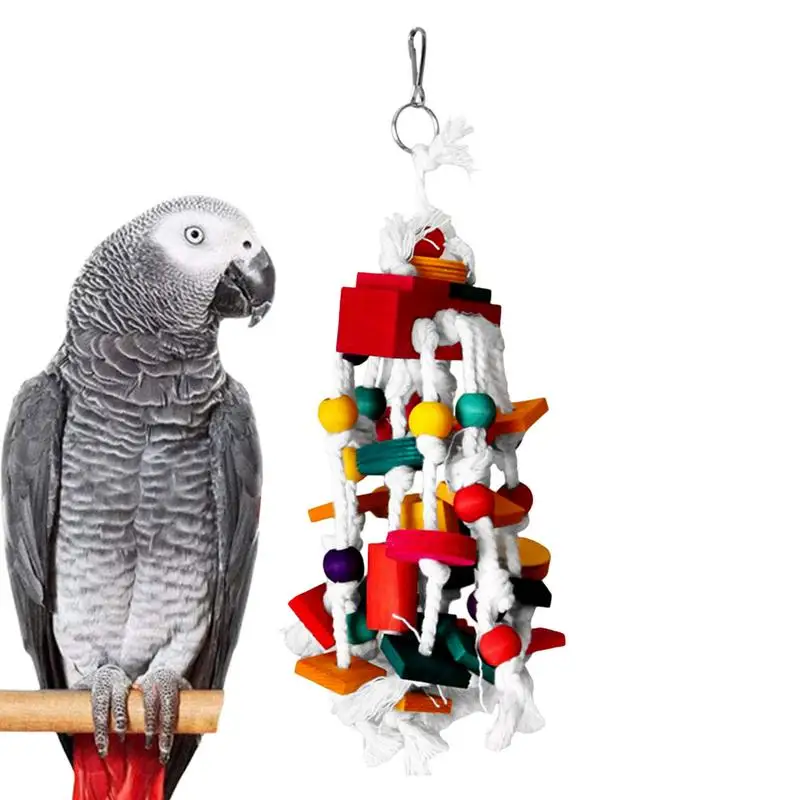 

Knot Bird Toy Parrot Toys Multicolored Natural Wooden Blocks Eco-Friendly Enrichment Bite And Tearing Toys