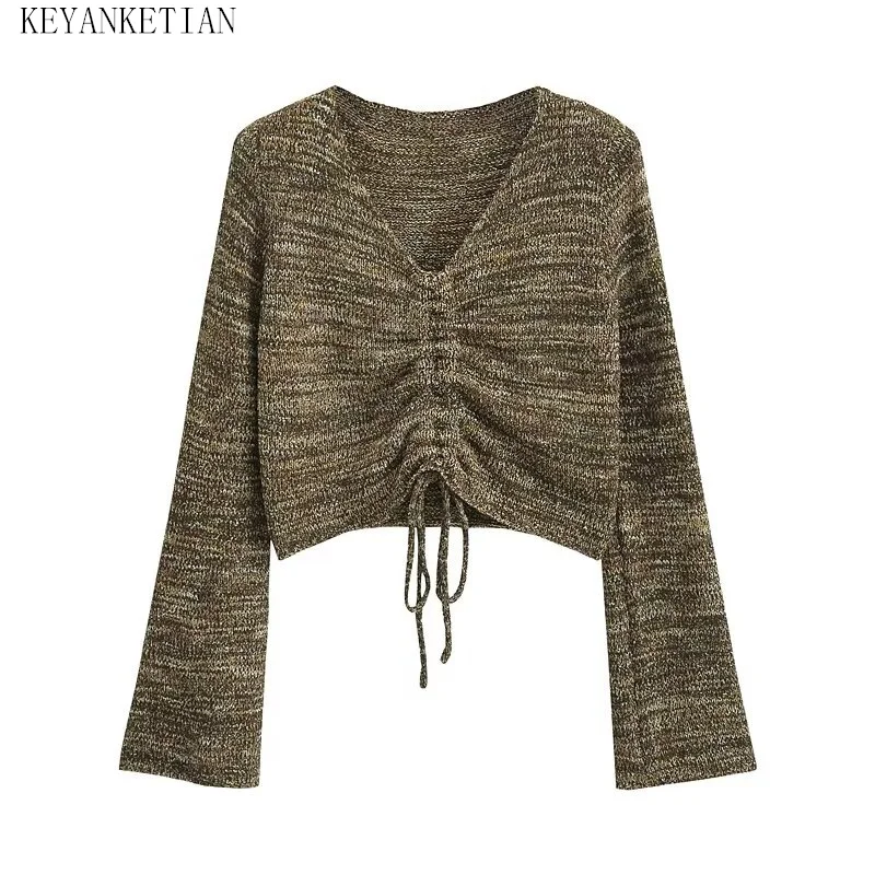 

Новинка 2024, женская трикотажная одежда KEYANKETIAN с завязками, весенний тонкий свитер на шнуровке с V-образным вырезом и длинным рукавом, укороченный топ