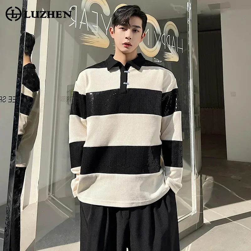 

LUZHEN Color Contrast Checked Long Sleeve Shirts Men's Elegant Korean Stylish Knitted High Quality Original Luxury Tops 2feb84