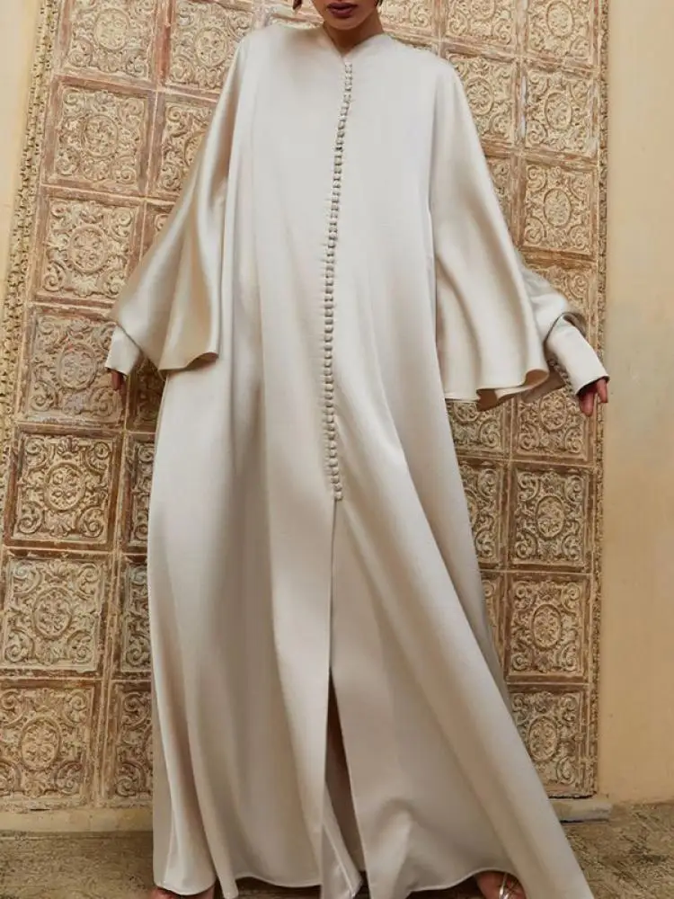 

Krismile Muslim Clothing Split Floor Length Robe For Women Solid Color Round Neck Long Batwing Sleeves Loose Evening Dresses