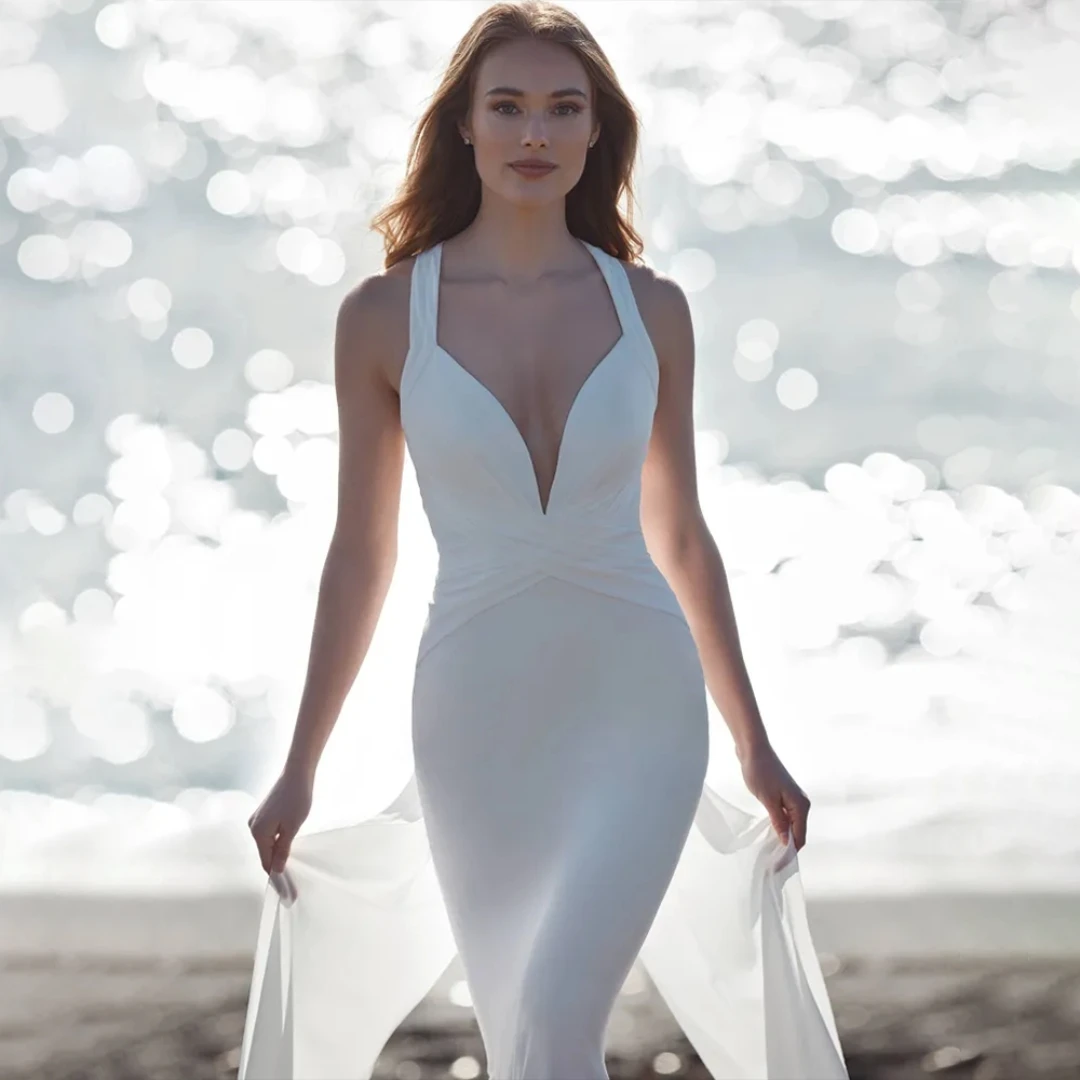 Simple Elegant Wedding Dress For Woman Mermaid V-Neck Spaghetti Straps Bridal Gown Backless Sweep Train Robe De Mariée Custom 
Simple Elegant Wedding Dress For Woman Mermaid V-Neck Spaghetti Straps Bridal Gown Backless Sweep Train Robe De Mariée Custom