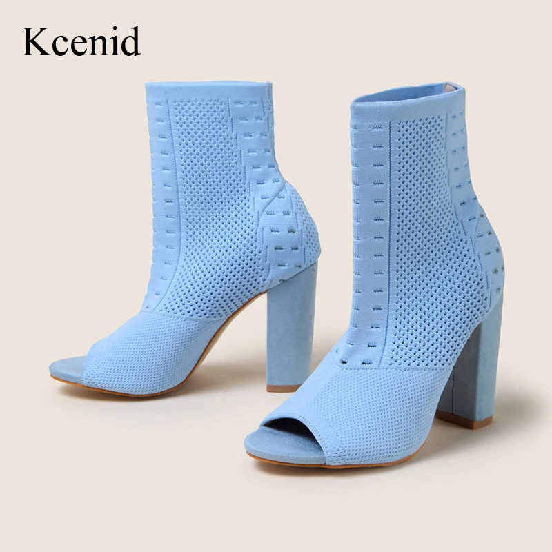 

Kcenid Stretch Fabric Peep Toe Ankle Boots New Fashion Mesh Square High Heels Concise Style Women Fabric Out Breathable Boots