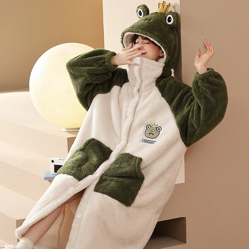 Winter Thicken Women Night-robe Pajamas Hooded Soft Warm Nightgown Sleepwear Kawaii Frog Night Gown With Pockets Pijama
Winter Thicken Women Night-robe Pajamas Hooded Soft Warm Nightgown Sleepwear Kawaii Frog Night Gown With Pockets Pijama