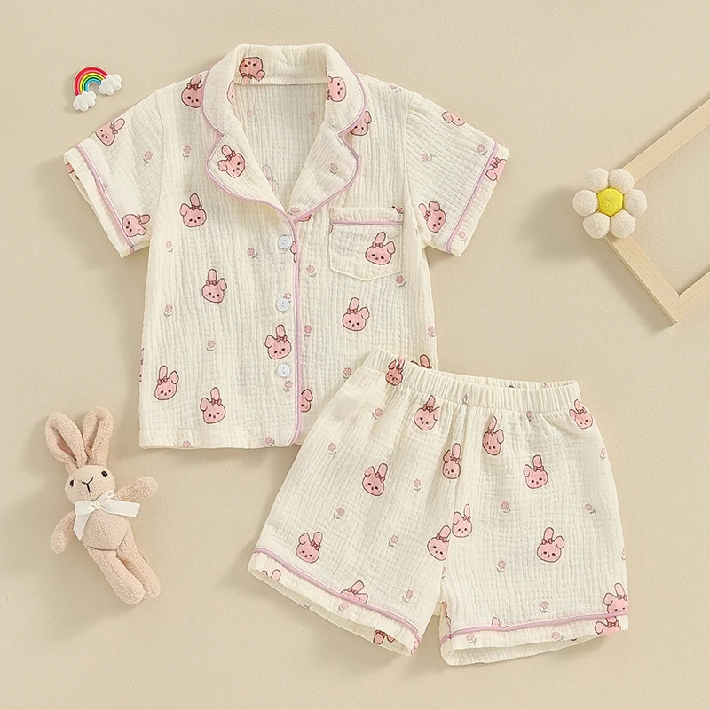 

3-7Y Kids Girls Pajamas Sets Easter Rabbit Print Short Sleeve Shirts Tops Shorts Baby Summer Children Sleepwear Loungewear