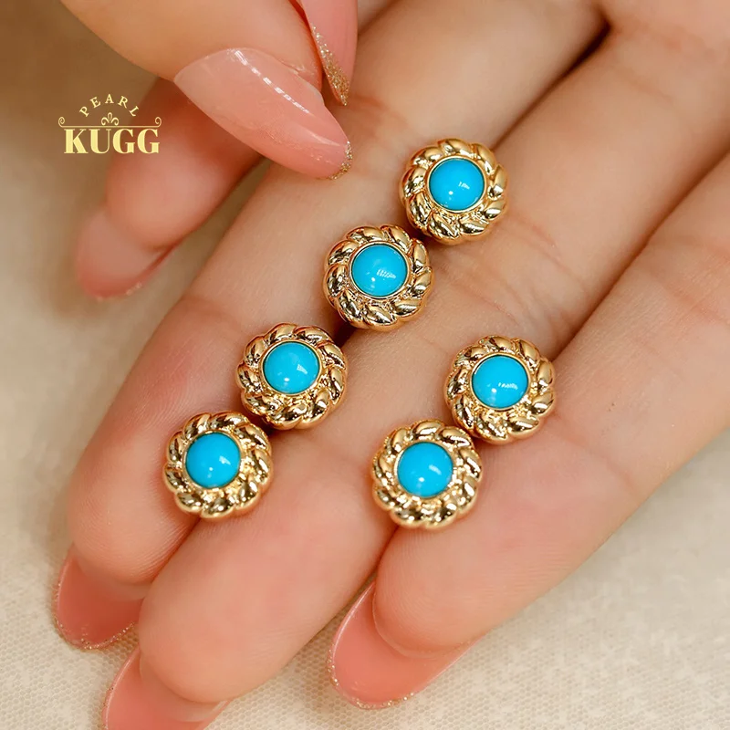 

KUGG 18K Yellow Gold Earrings Romantic Flower Design Real Natural Turquoise Gemstone Stud Earrings for Women Engagement Jewelry
