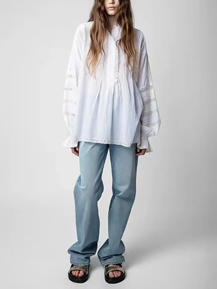Women's Shirts Lace Stitching Stand Collar Loose Spring Casual Long Flared Sleeve Blouse
Women's Shirts Lace Stitching Stand Collar Loose Spring Casual Long Flared Sleeve Blouse