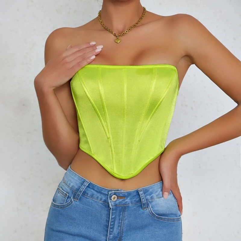 Sexy Satin Slim Fit Corset Bustier Exotic Tanks Women Tube Tops Fishbone Strapless Off Shoulder Night Club Summer Crop Top Vest
Sexy Satin Slim Fit Corset Bustier Exotic Tanks Women Tube Tops Fishbone Strapless Off Shoulder Night Club Summer Crop Top Vest