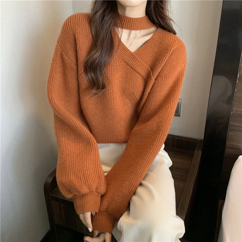 

V-neck Red Long-sleeved Sweater for Women Korean Autumn Winter Knitted Sweater Thick Warmth Versatile Knitted Bottoming Shirts