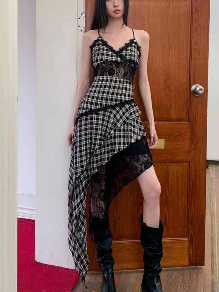 Летнее готическое клетчатое платье на бретелях-спагетти, женские винтажные плиссированные платья средней длины Y2k, модная кружевная Асимметричная уличная одежда 
Летнее готическое клетчатое платье на бретелях-спагетти, женские винтажные плиссированные платья средней длины Y2k, модная кружевная Асимметричная уличная одежда