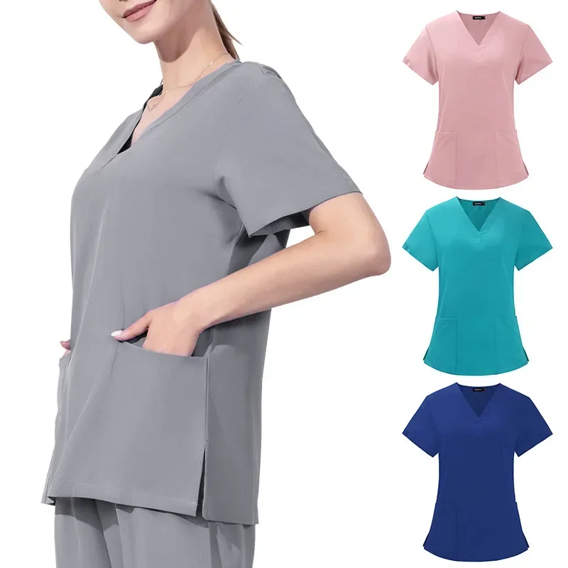 

Unisex Nurse Uniform Top Thin Breathable Medical Scrub Top Short Sleeve V Neck Doctor Elastic Workwear Spa Uniforms Lab Overalls