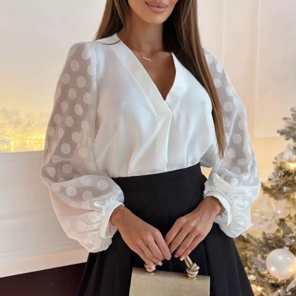 

See-through Mesh Top Stylish Women's V Neck Mesh Patchwork Blouse with Long Sleeve Dot Print Soft Breathable Fabric for Ol