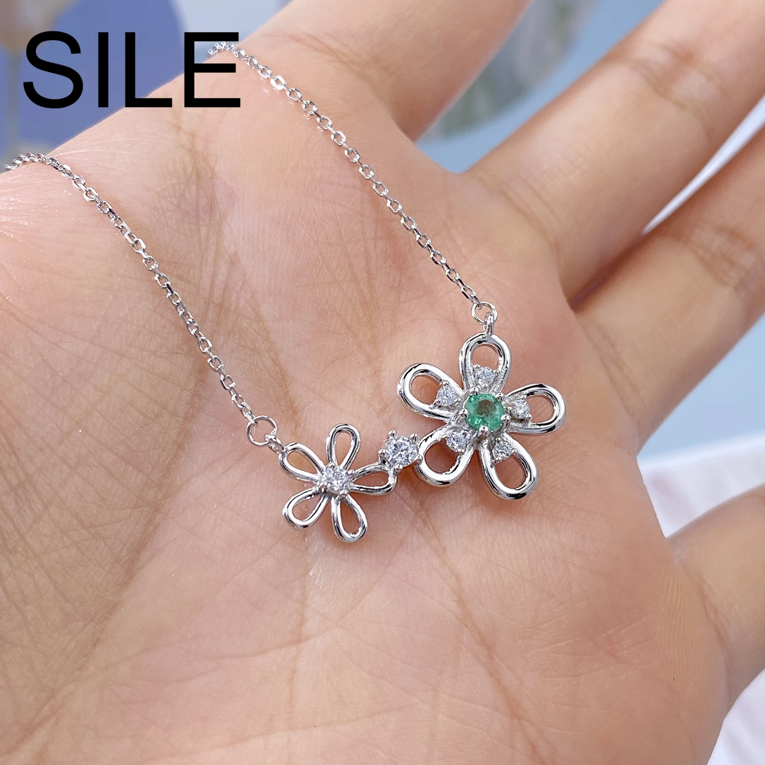 

SILE Initial 925 Sterling Silver Flower Necklace For Women Trendy 2022 Emerald Pendant Dainty Clavicle Chain Party Birthday Gift