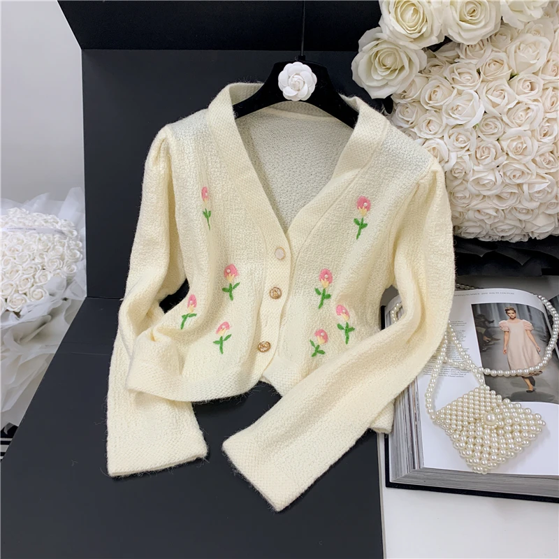 

Vintage Knit Cardigans Women Embroidery sweater Jackets Autumn Spring Women's Long Sleeve V-Neck Cropped Cardigan Coat Knitwear