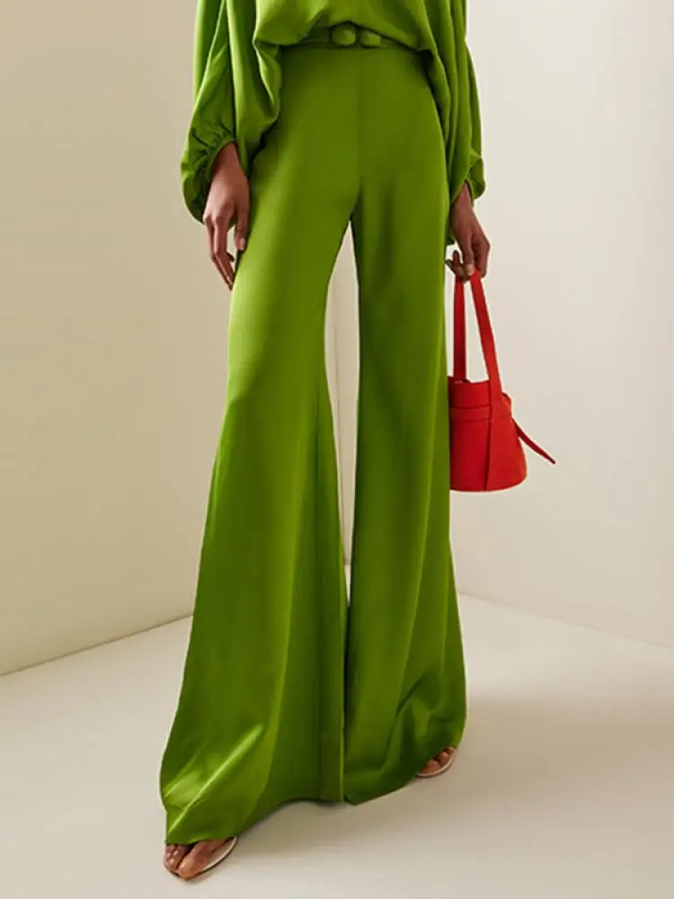 

Bonboho Urban Women Solid Green Casual Pants High Waist Wide Leg Pants Floor Length Trousers for Ladies 2024 New Streetwear