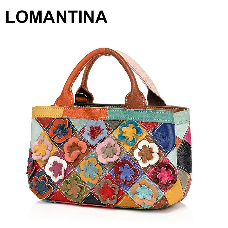 

LOMANTINA Genuine Leather Women's Casual Fashion Colorful Flower Tote Color Block Random Spliced Messenger Shoulder Purses