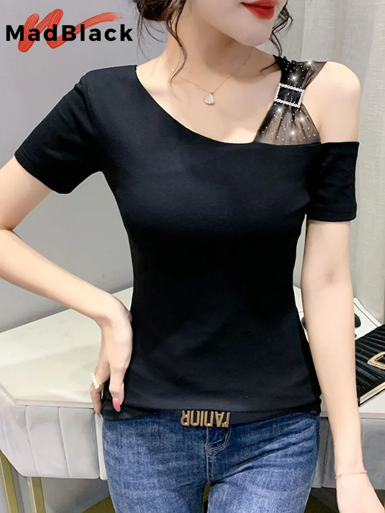 

MadBlack Summer European Clothes Cotton T-Shirt Sexy Skew Collar Diamonds Shiny Women Tops Short Sleeve Hand Make Tees T25517L