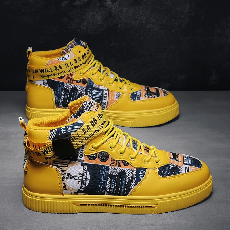 

Couple Yellow Printed High Top Sneakers 2023 Autumn Hasp Design Mens Leather Casual Shoes Comfortable Mens Outdoor Walking Shoes