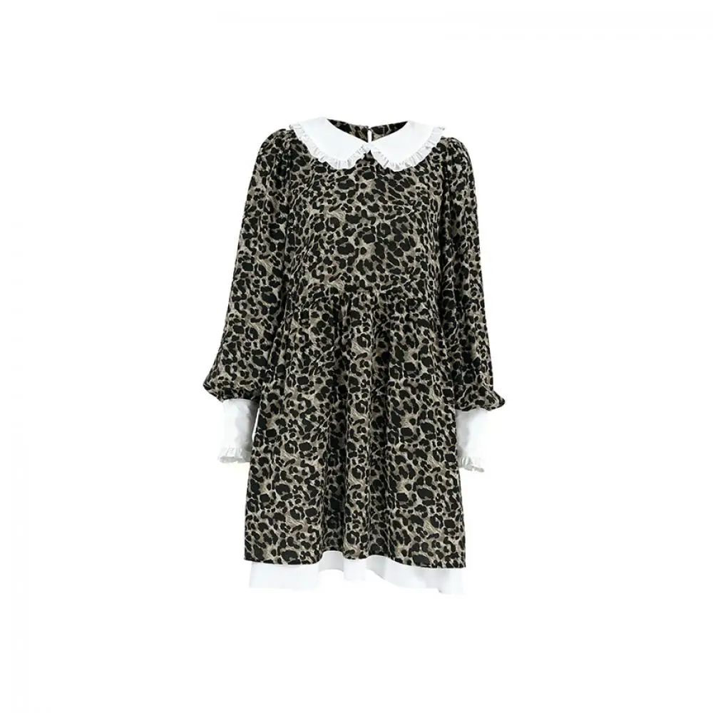 

Temperament Leopard Print Dress Fashion V Collar Bubble Sleeves Dress Women Holiday Casual Loose Fitting Ruffled Edges Clothes