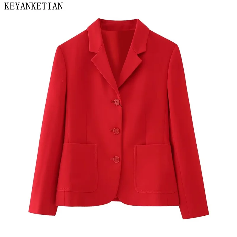 

KEYANKETIAN 2024 Новый женский красный костюм весна простой однобортный Карманы Тонкий офисный женский короткий пиджак женская верхняя одежда
