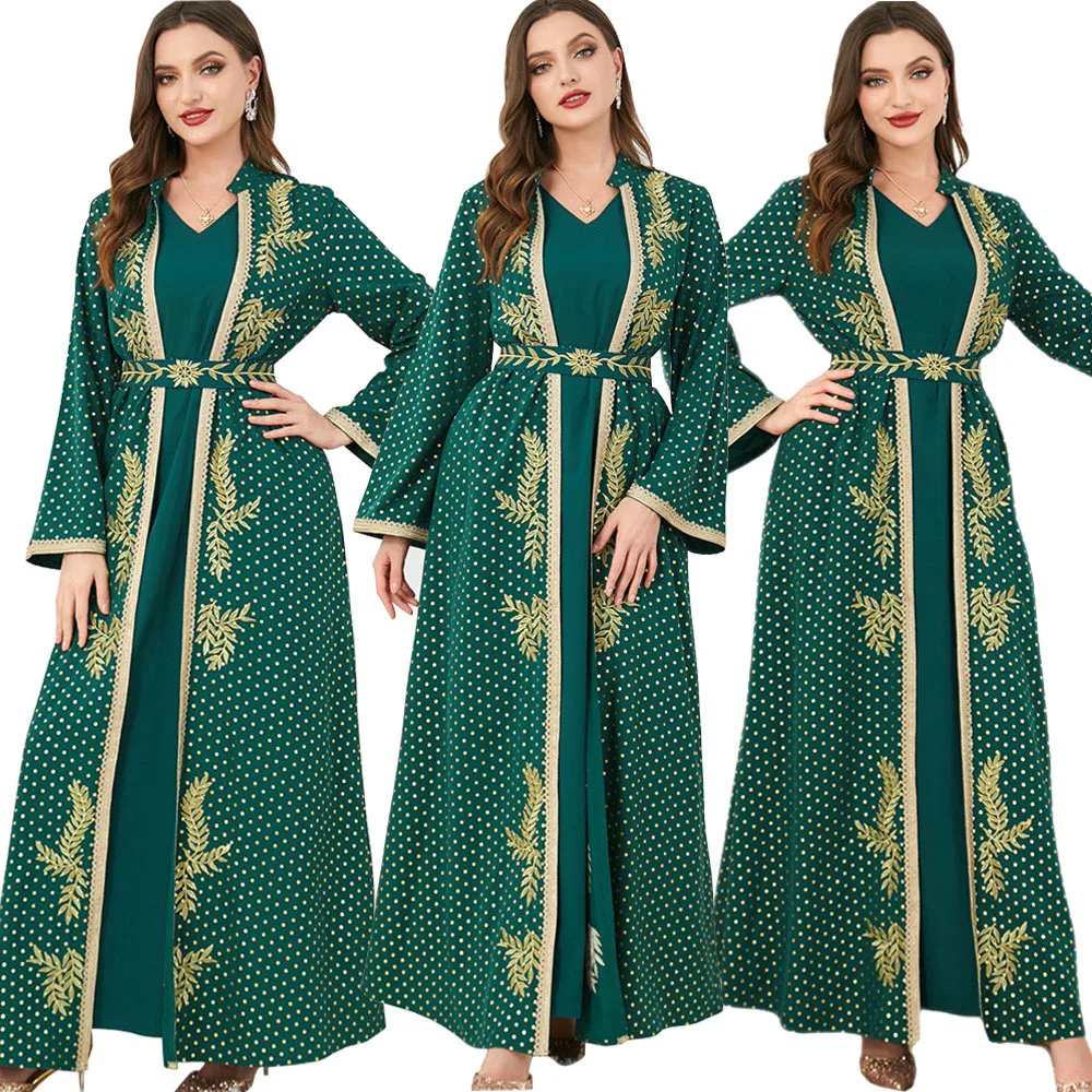 

Abayas For Women Muslim Sets Leaf Embroidery Guipure Lace Panel Belted Kaftan Two Pieces Dress Dubai Turkey Arabic Eid Ramadan