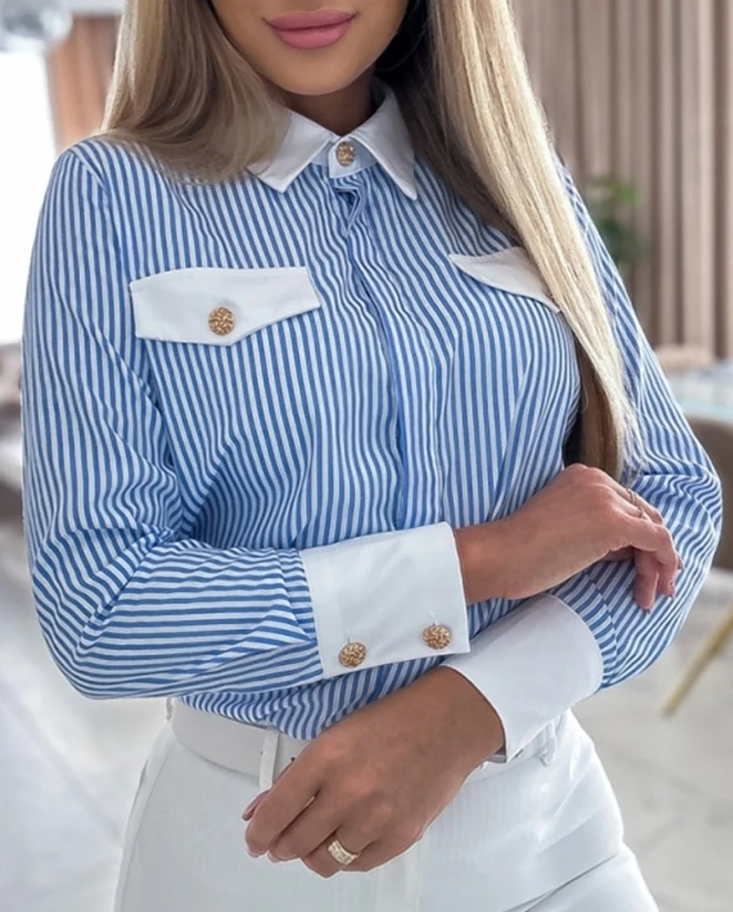 

2024 Fashion Women's Shirt Turn-down Collar Striped Buttoned Flap Detail Long Sleeve Shirt Top Casual Contrast Paneled Work Tops