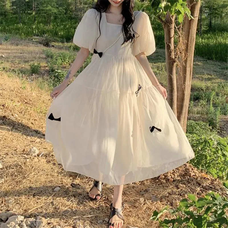 

Bow Mesh Chic Sweet Kawaii Casual Short Sleeve A-Line Midi Dress Women 2023 New Summer Fairy Princess Party Chiffon Dresses Robe