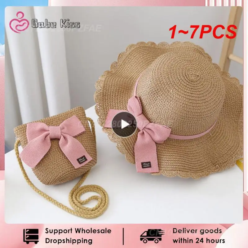 

1~7PCS Summer Girl Sun Hat Backpack New Children's Straw Weave Beach Caps Bow Tie Headgear Sandy Beach Supplies Cute Coin Purse