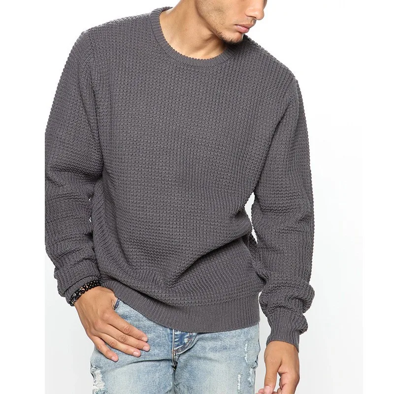 Fashion Mens Knit Sweater Solid Color Long Sleeve Crew Neck Pullovers
