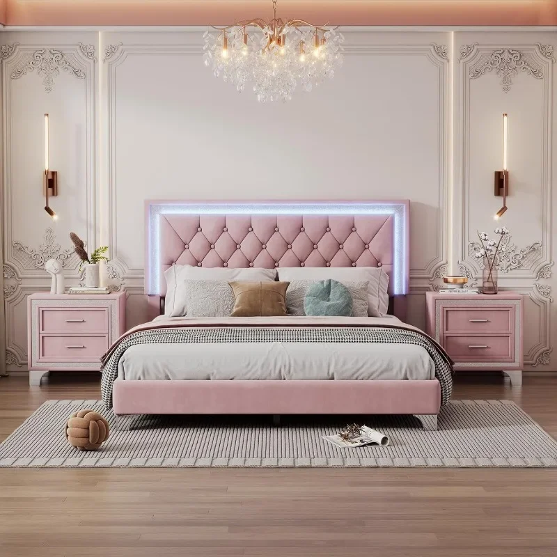 3-Pieces Bedroom Sets Queen Size Upholstered Platform Bed Frame with LED Lights and Two Nightstands ModernWooden Velvet
3-Pieces Bedroom Sets Queen Size Upholstered Platform Bed Frame with LED Lights and Two Nightstands ModernWooden Velvet