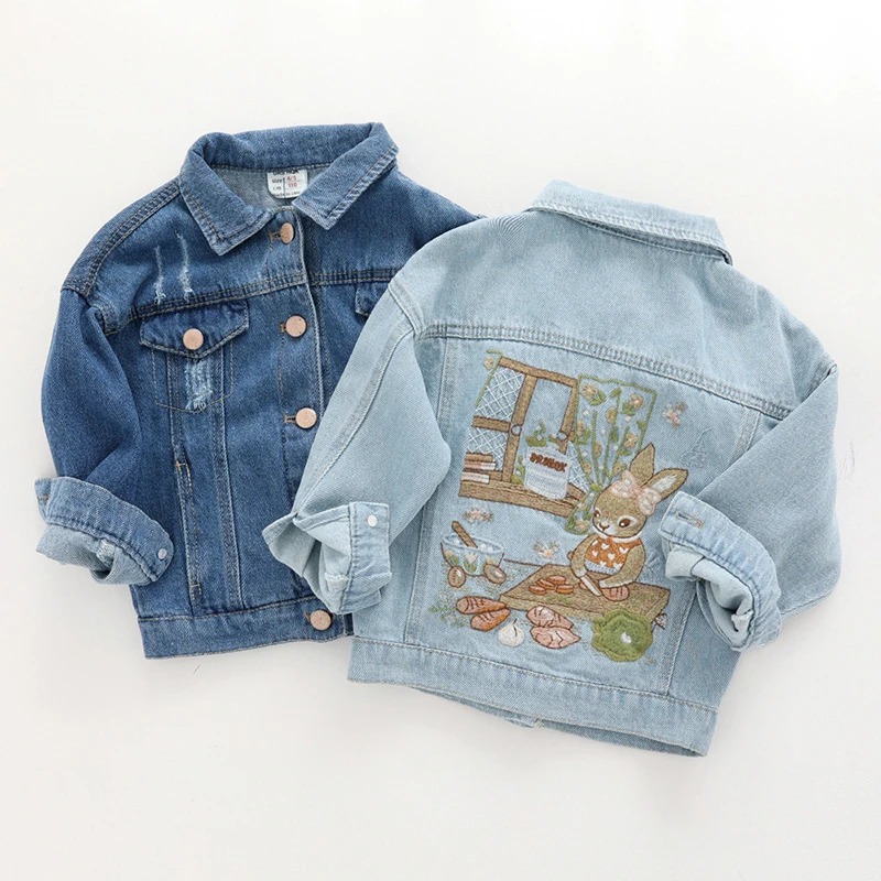 

New Young Girls Denim Coats Cartoon Embroidery Kids Boys Jeans Jackets Toddlers Denim Jackets Children's Outerwear Clothes 4-12Y