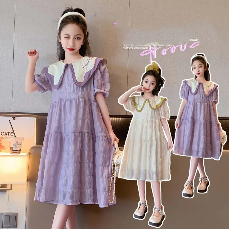 

2024 Korean Summer Junior Girl One-piece Dress School Girl Peter Pan Collar Princess Dress Children Girl Gauze Breathable Dress