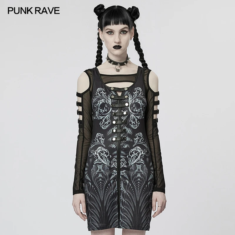 

PUNK RAVE Women's Cyber Digitally Printed Future Felling Sexy Dress Punk Metal Rivets Two-piece Design Spring Summer