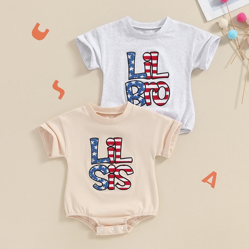 

2024-03-26 Lioraitiin 0-18M Infant Baby Boys Girls 4th of July Jumpsuit Letter Embroidery Short Sleeve Round Neck Romper