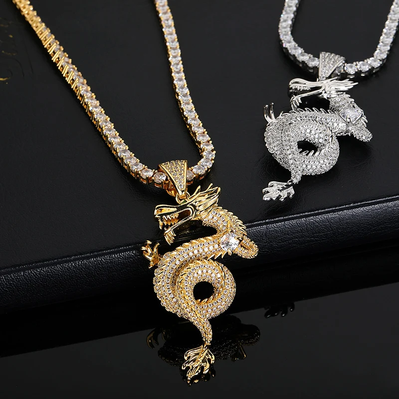 

Hip Hop 3A+ CZ Stone Paved Bling Iced Out Green Eyes Dragon Shenlong Pendants Necklace for Men Rapper Jewelry Gold Silver Color