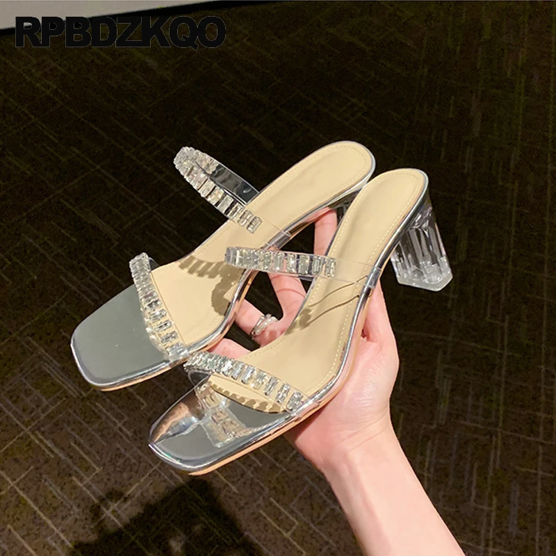 

Women Slides Slippers Cinderella Sandals Pumps Rhinestone High Heels Pvc Jewel Diamond Shoes Clear Open Toe Chunky Transparent