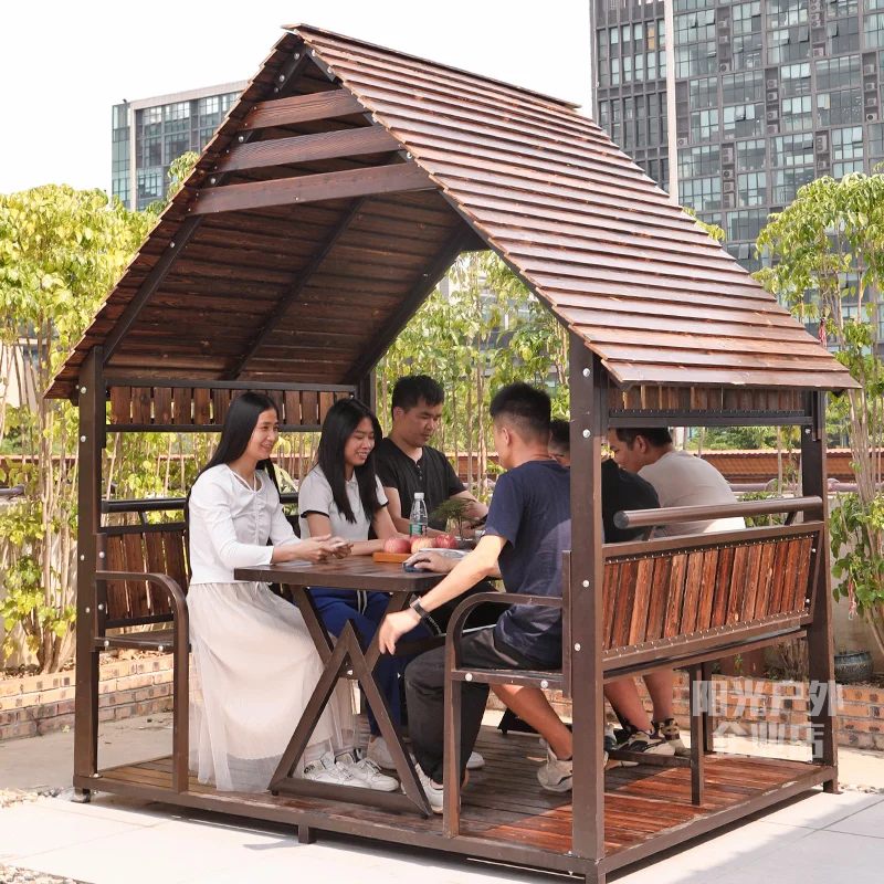 

Outdoor courtyard garden Preservative wood gazebo wooden house Iron art villa leisure gazebo table chair wooden house combinatio