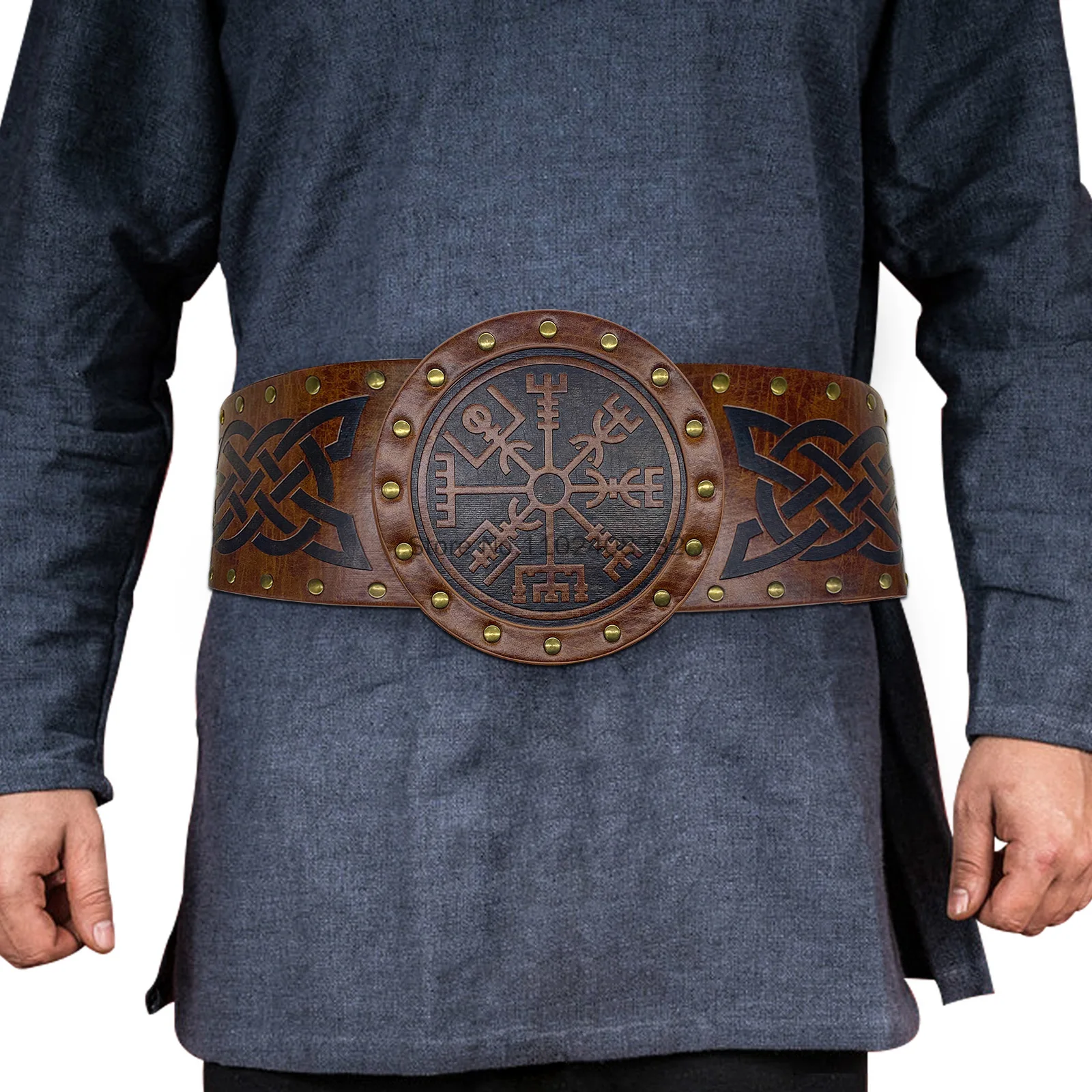 

Men Halloween Medieval Embossed Viking Vegvisir PU Leather O Ring Belt Retro Renaissance Knight Buckles Belt Leather Waistband